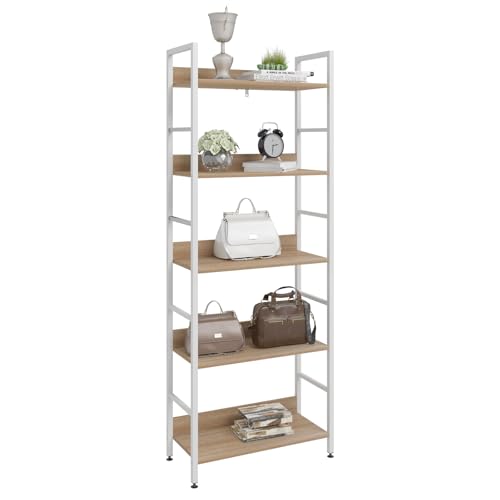 WOLTU Bücherregal, offenes Standregal mit 5 Ebenen, stehendes Regal für Wohnzimmer Schlafzimmer Arbeitszimmer, 60x160x27,5 cm,Weiß + Helle Eiche