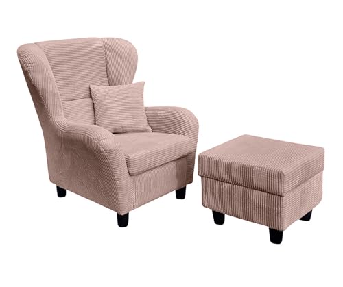 Gemütlicher Ohrensessel mit Hocker im Landhaus-Stil, B90/H98/T76 cm, hoher Sitzkomfort durch Wellenunterfederung, moderner Lesesessel mit Echtholzfüßen und Zierkissen, Cord in Rosa / 18021