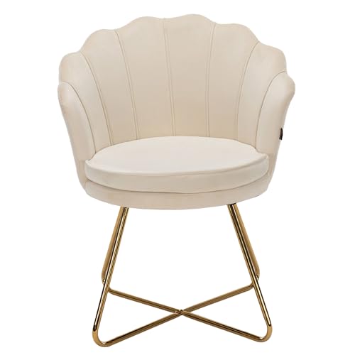 Hawthyhome Polstersessel Esszimmerstühle, Stuhl Schminktisch, Stuhl Samt, Blütenblatt-Rückenlehne Lehnstuhl mit Metallbeinen Gold, Bis 150 KG Belastbar Beige