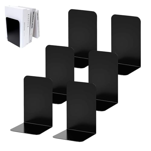 Kongming Buchstütze Metall Schwarz, 6 Stück L Buchstützen aus Metall, Bookend mit Rutschfesten Gummiauflagen, Bücherstützen für Regal Schule Zuhause Büro Bibliothek 21x13.5x9cm