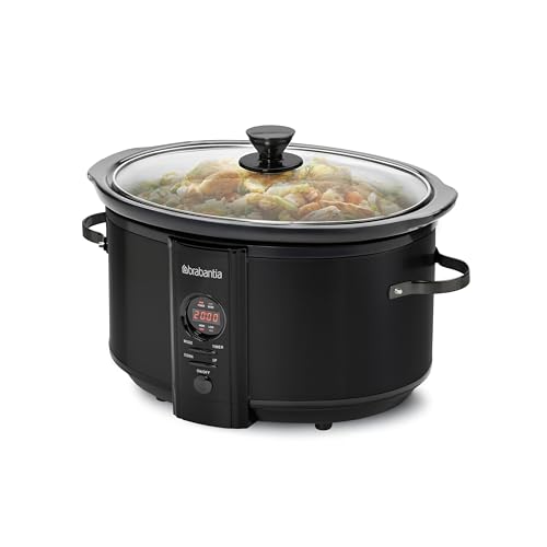 Brabantia Slowcooker XXL - 6,5 Liter, 8 Personen, Warmhaltefunktion, durchsichtiger Glasdeckel, Keramik-Innenpfanne, Digitaler Timer, Einfache Bedienung, 320 Watt, Edelstahl, Schwarz, BBEK1083MB