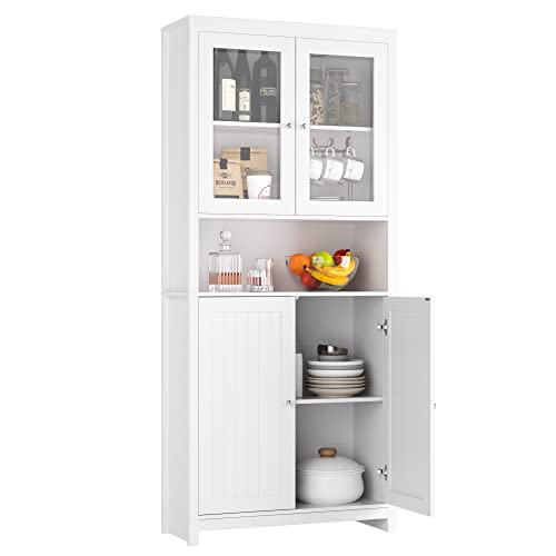 FOREHILL 190cm Küchenschrank Buffetschrank, Vitrinenschrank Bücherschrank Hochschrank Mehrzweckschrank mit 4 Türen, 84x32x190 cm, weiß