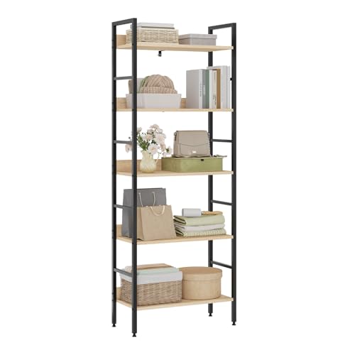 WOLTU Bücherregal, offenes Standregal mit 5 Ebenen, stehendes Regal für Wohnzimmer Schlafzimmer Arbeitszimmer, 60x160x27,5 cm, Schwarz + Helle Eiche