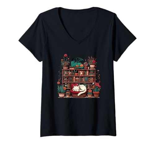 Damen Boho Librarian Booklover Cottagecore Fantasybuch Drache Katze T-Shirt mit V-Ausschnitt