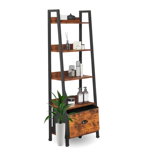 FurnitureR Leiterregal, 5-Tier schmales Regal, Bücherregal für Home Office, Wohnzimmer, Schlafzimmer, Küche, Bücherregal aus Holz mit Schubladen, Industrie, Rustikal Braun und Tinte Schwarz