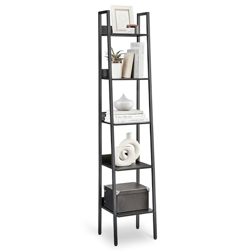VASAGLE Bücherregal, Leiterregal 5 Ebenen, schmales Regal, offenes Standregal für Arbeitszimmer, Wohnzimmer, Schlafzimmer, Küche, Industrie-Design, schwarze Holzoptik-schwarz LLS109B56