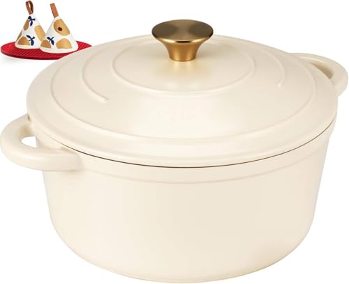 Bräter Emaille Gusseisen Topf - Schmortopf 26cm backofengeeignet - mit Deckel und Kochbuch - für Küche Backen Schmoren Braten Weiß