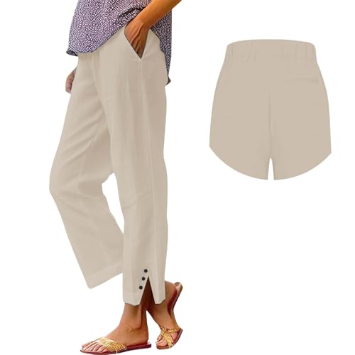 Solide gerade, solide elastische Hose für Damen, Sommerhose für Damen, gerades Bein, beige, S