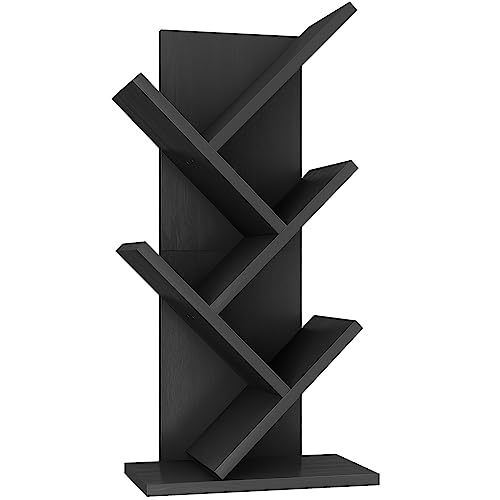 YMYNY Bücherregal im Baumform, 4 Ebenen Raumteiler, Modernes Holzregal für Bücher/Filme/CDs, Schmaler Display Ständer für Schlafzimmer, Home Office, Schwarz HBC014B