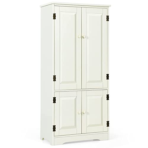 COSTWAY Mehrzweckschrank Vintage, Flurschrank mit verstellbarem Regal, Badschrank Wäscheschrank Holz, Aufbewahrungsschrank Landhausstil für Küche Wohnzimmer Schlafzimmer, 60kg Belastbar(Weiß)