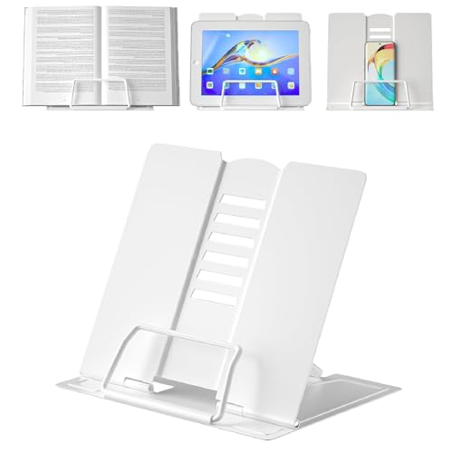 Buchständer,Book Stand,Verstellbarer Faltbarer Metall Buchhalter für Rezept, Lehrbuch, Dokument, Musikbuch, Kochbuchhalter mit 6 Verstellbaren Positionen Leseständer (Weiß)
