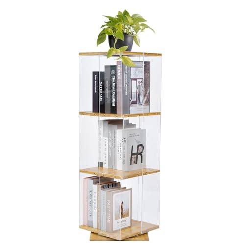 mosegor Drehbares Bücherregal, 3 Ebenen, freistehende Bücherregale, Eck-Bücherregal, Holz, 360° drehbar, Bücheraufbewahrung, Display-Regal, Organizer mit Acrylfenstern und Rädern für Wohnzimmer,