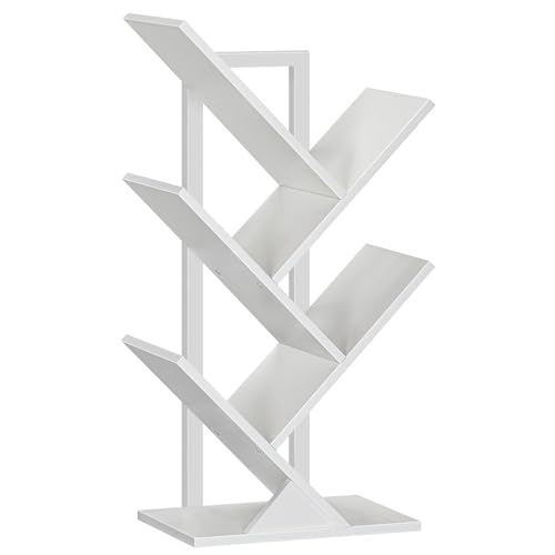 HOOBRO Bücherregal, Standregal in Baumform, bodenstehendes Bücherregal mit 4 Ebenen, Bücherregal für das Heimbüro, zur Aufbewahrung von Büchern, CDs, stark und stabil, für Wohnzimmer, Weiß EWT04SJ01G1