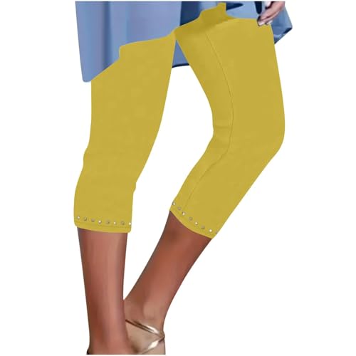 Cropped-Caprihose für Damen, lässig, Sommer, kurze Leggings für Damen, Übergröße, lockere Freizeithose, weite Beinhose, Jogger, Haremhose, Sommerhose, gerades Bein, Jogger, Walkinghose, gelb, S