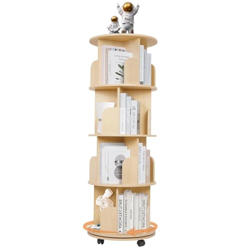 Nisorpa Drehbares Bücherregal Kinder 4 Etagen 130 cm Holz Drehbares Bücherregal mit Rollen 360° Drehung Bücherregal Kinder Multifunktional für Arbeitszimmer, Wohnzimmer, Schlafzimmer