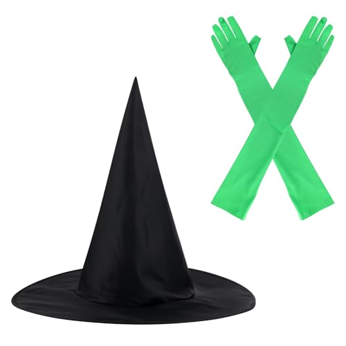 SAVITA 2stk Hexen Kostüm Zubehör Set, Enthalten 1stk Schwarzen Hexen Hüte mit Draht und 1 Paar Grüne Handschuhe Lang für Halloween-Partys Verkleidungsabende Cosplay Kostümrequisiten