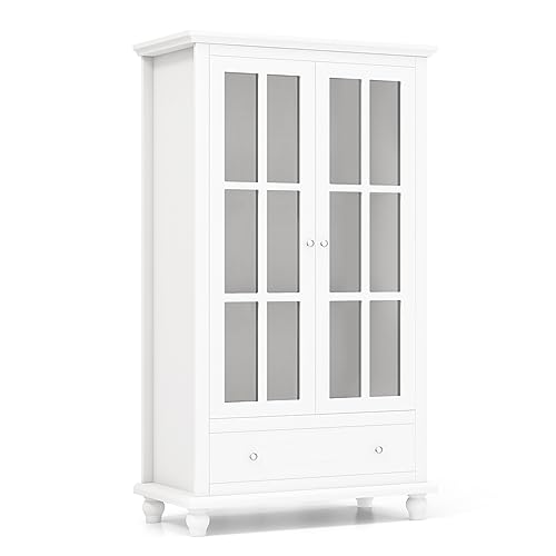 COSTWAY Bücherschrank, Vitrinenschrank mit Türen aus gehärtetem Glas, verstellbarem Regal & Schublade, Büroschrank, Aktenschrank für Heimbüro und Wohnzimmer, 80 x 40 x 139 cm, Weiß