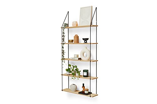 LIFA LIVING Vintage-Wandregal 5 Etagen aus Holz und Metall, dekoratives Schweberegal für Küche, Hängeregal für Wohnzimmer, Schlafzimmer, 60 x 17 x 138,5 cm
