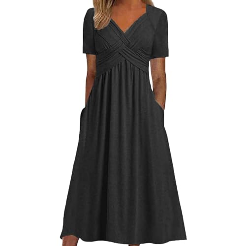 Freizeitkleider für Damen mit Taschen, V-Ausschnitt, kurzärmelig, Midi-Kleid, hohe Taille, Kleider für ältere Frauen, ideal für den Alltag im Sommer oder auf Reisen, Schwarz , L