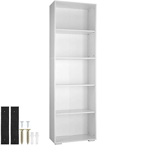 tectake 800842 Bücherregal aus Holz, Standregal mit 5 offenen Fächern, (HxBxT): ca. 190 x 60 x 30 cm, bodenschonende Kunststofffüße (Weiß)