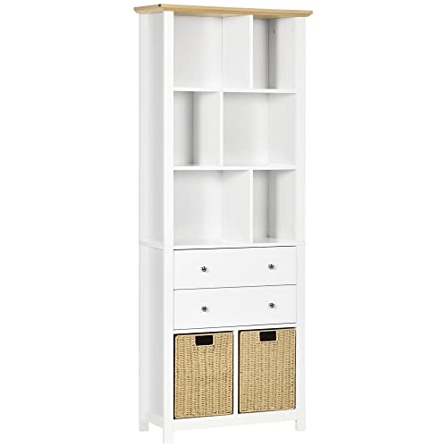 HOMCOM Bücherregal Bücherschrank mit 6 Fächern, 2 Schubladen, Standregal mit Klappbarem Rattankorb, Aufbewahrungsregal für Wohnzimmer, Schlafzimmer, 70,5 x 29,5 x 178cm, Weiß