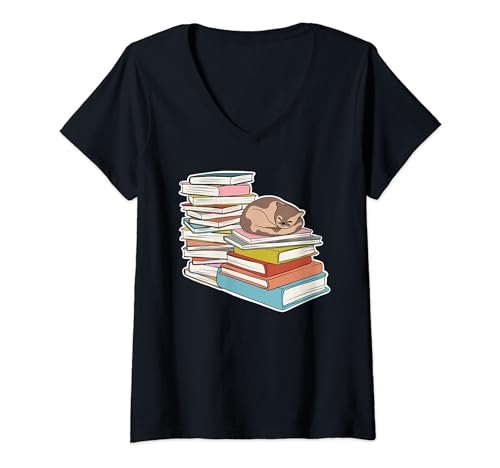 Kätzchen Katze schläft auf Stapeln von Büchern Lesen Leser T-Shirt mit V-Ausschnitt