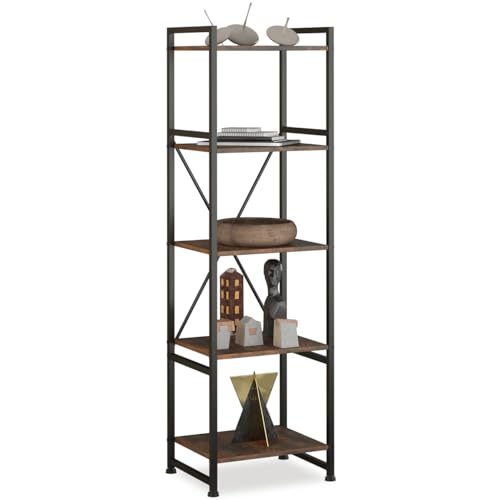 tectake® Bücherregal im Industrie-Design, offenes Regal mit 5 Ebenen, Vintage Standregal mit Kippschutz, Regal schmal für Büro Wohnzimmer Küche, 47,5x34,5x151,5 cm - Industrial Holz dunkel, rustikal