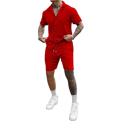 PEIXEN Casual Shirt Herren Einfachheit Einfarbig Sommer Shirt Slim Fit Set Revers Button-Down Shirt Herren Basic All-Match 2-Teiliges Set Kurzarm Shorts Herren H-Red 3XL