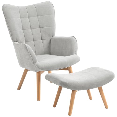 HOMCOM Sessel mit Hocker, Ohrensessel mit Hoher Rückenlehne, Holzbeine, Loungesessel mit getuftetem Design, Cord-Optik, für Wohnzimmer, Grau