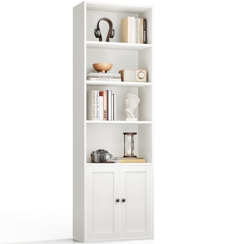 Coleshome Bücherregal mit Türen Regal mit 6 Ebenen, Bücherschrank 48 x 24 x 176.4 cm Schrank, Standregal zur Aufbewahrung und Präsentation für Wohnzimmer, Homeoffice, Büro, Schlafzimmer, Weiß