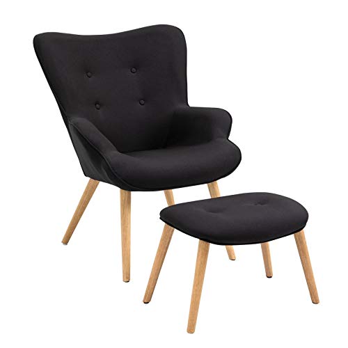 CARO-Möbel Polstersessel Rotterdam mit Hocker, Fernsehsessel im Retro Look, eleganter Skandi Ohrensessel mit Stoffbezug schwarz
