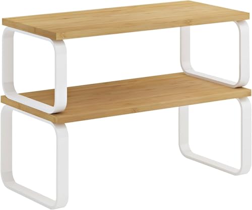 DEZYN - Schrank-Organizer-Regal, Set mit 2 Küchenregalen, Küchenaufbewahrung, Gewürzregal, stapelbar, erweiterbar, Metall und Holzwerkstoff, Weiß und Natur