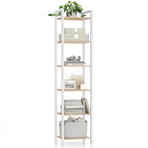 VASAGLE Regal, Bücherregal, Standregal, DVD-Regal, mit 6 Ebenen, Büroregal, offene Ablagen, für Büro, Wohnzimmer, Schlafzimmer, Küche, 30 x 40 x 186 cm, naturbeige-mattweiß LLS101N01