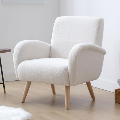 chairus Kunstfell Loungesessel Ohrensessel für Wohnzimmer Polstersessel Einzelsofa für Schlafzimmer Akzentstuhl Relaxsessel mit Holzbeinen (Weiß)