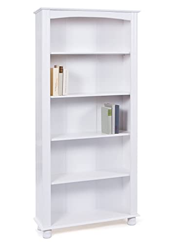 Bücherregal mit 5 Regalen in weiß wasserlackierter massiver Kiefer, 87x30x180h cm