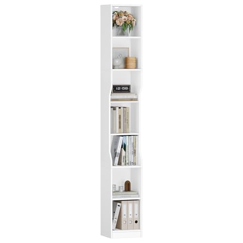 HEXCELEN Bücherregal, 7 Ebenen Vertikales Bücherregal, Schmales Regal, Standregal, Würfelregal, Aufbewahrungsregal, für Büro, Wohnzimmer, Schlafzimmer, 28 × 30 × 208,1 cm, Moderner Stil, Weiß