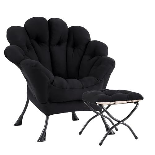 SESHINELL Blütenförmiger Relaxsessel mit Hocker, Loungesessel mit Metallrahmen, Lesesessel für Wohnzimmer, Schlafzimmer, Ankleidezimmer, Schwarz