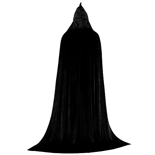 Joygoodta Schwarzes Umhang mit Kapuze 66, 9 Zoll voller Länge Unisex Gold-Velvet Hexen Umhang Mysteriöser Terror Vampire Wizard Robe für Männer Frauen Cosplay Weihnachten Halloween Kostüm XL