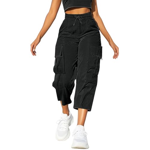 Bequeme Damen-Shorts mit elastischer Taille, Kordelzug und Taschen, Cargo-Shorts, 3/4-Hose, weite Beinhose, Leinenhose, hohe Taille, kurze Hose, gerades Bein, Jogger, Walkinghose, Schwarz , M