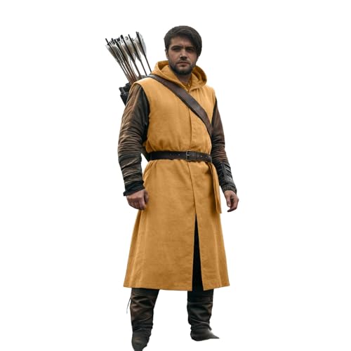 Generisch Mittelalterlicher Kapuzenwappenrock für Herren, ärmellose Tunika, Cosplay (Yellow, M)
