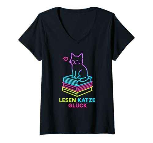 Damen Lesen Katze Glück Herz Sofa für Leseratten Katzenfreunde pur T-Shirt mit V-Ausschnitt