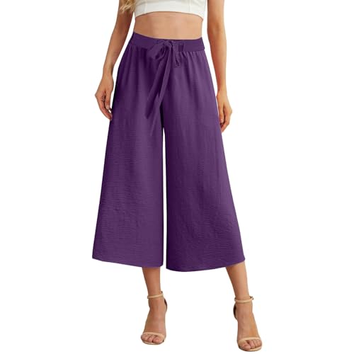 Lose bauchfreie Sommerhose für Damen UK – Damen-Strandhose mit weitem Bein, niedrige Taille, Jogger, Sweathose, Strandhose, Baggy, Haremhose, kurze Hose, gerades Bein, Jogger, Walkinghose, violett, L