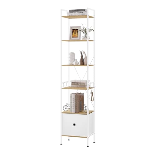 WOLTU Standregal mit 5 Ebenen, Bücherregal mit Schublade, stehendes Regal mit Metallrahmen, für Wohnzimmer Arbeitszimmer Homeoffice Schlafzimmer, modern, helle Eiche + Weiß, RGB63whe