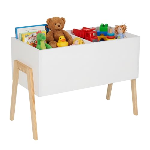 Relaxdays Kindertruhe, skandinavisch, HxBxT: 45x60x30 cm, MDF, für Bücher & Spielzeug, offene Spielzeugtruhe, weiß/Natur