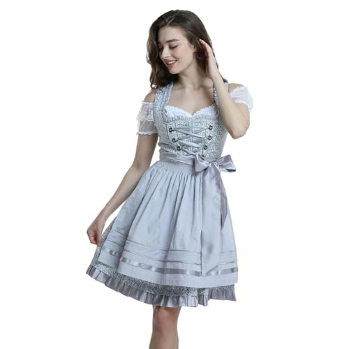 MNSWR Dirndl für Damen, Trachtenkleid Damen Elegant Midi Dirndl Trachtenkleid Dirndlbody Trachtenset Bayerisches Wiesn Kleider Trachtenrock Mädchen(Hellgrau,XXL)