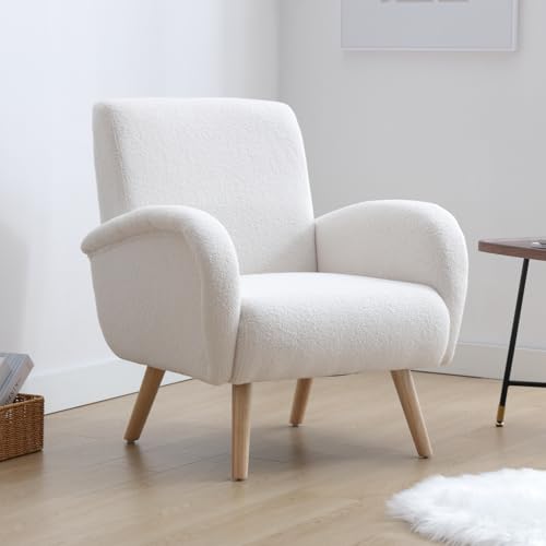 Ya-Home Loungesessel Modern Polstersessel mit Premium Kunstfell-Stoff & Massivholzbeinen extrem bequemer Lesesessel für Wohnzimmer, Schlafzimmer, einfacher Aufbau, Weiß