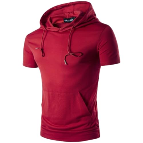 Hoodie Herren Regular Fit Klassisch Casual Sportshirt Leichte Mode Dünnschliff Shirt Workout Fitness Atmungsaktiv Kurzarm A-Red XL