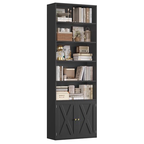 FirFurd 209 cm hohes Bücherregal mit 7 Fächern Bücherschrank mit Türen, Standregal Regal, Hochschrank mit Verstellbare Ablage, Mehrzweckschrank für Wohnzimmer Büro Küche, 60 x 23.5 x 209 cm, Schwarz