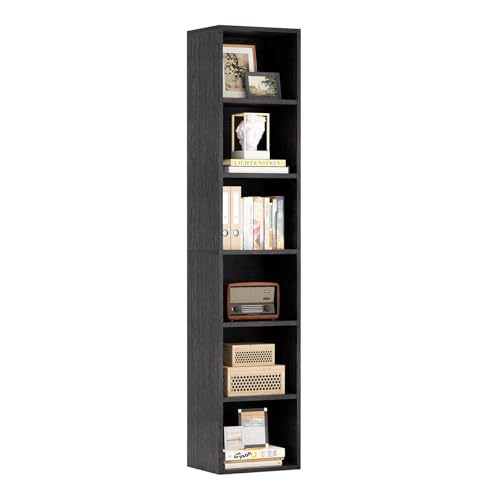 Nordivale Bücherregal Schmal, Bücherregal Schwarz, Standregal, Modernes offenes Regal aus Holz, für Wohnzimmer, Schlafzimmer, Büro, Arbeitszimmer, 6 Ebenen