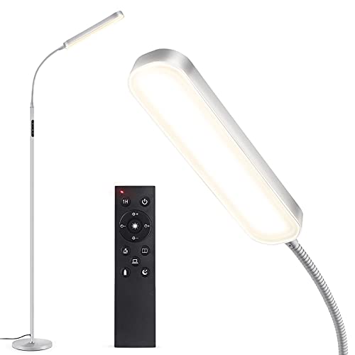 OUTON Stehlampe LED Dimmbar 15W 1500LM, Leselampe mit 4 Farbtemperatur, Fernbedienung und Touch Steuerung, 1H Timer, Leseaufgabe Beleuchtung für Wohnzimmer Schlafzimmer Büro, Silber Grau